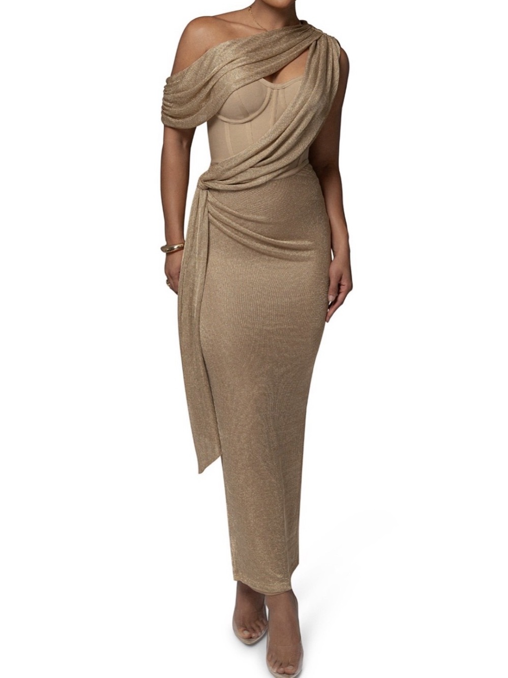 JLUXLABEL Gold Metallic Celestina Draped Maxi Dress, Size Small